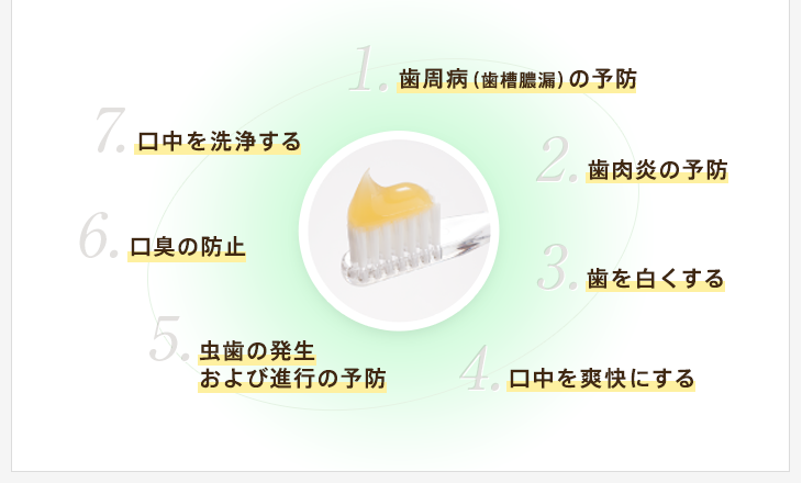 1.歯周病（歯槽膿漏）の予防、2.歯肉炎の予防、3.歯を白くする、4.口中を爽快にする、5.虫歯の発生および進行の予防、6.口臭の防止、7.口中を洗浄する